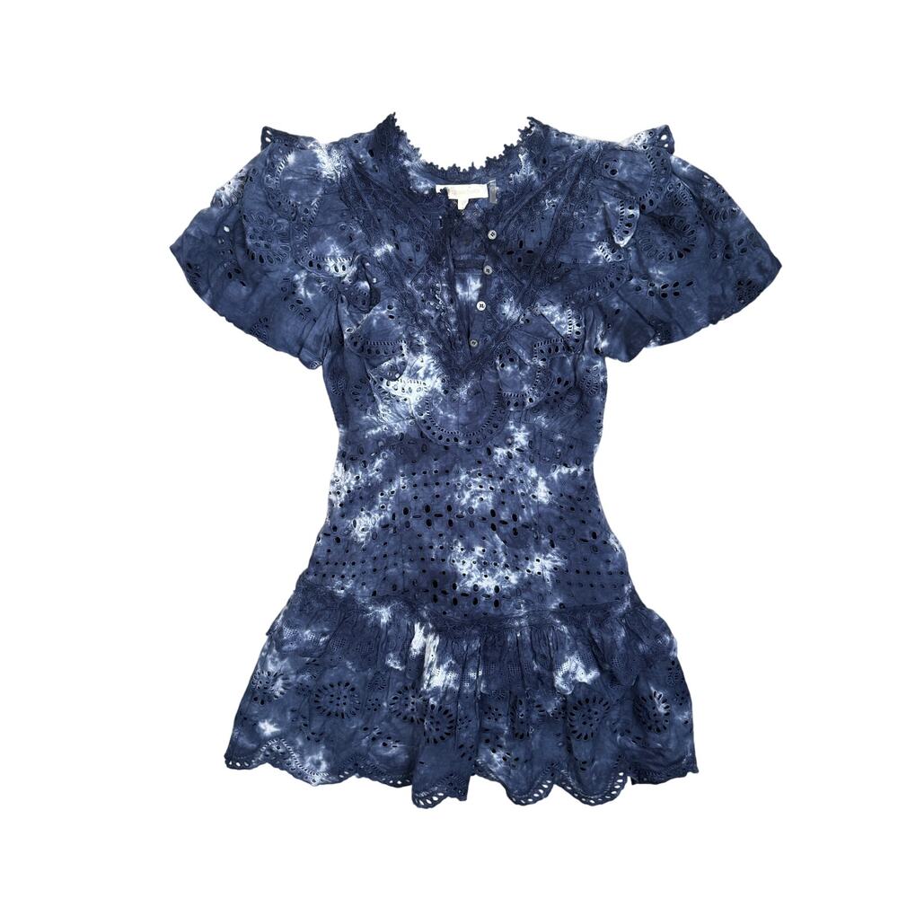 LoveShackFancy Fritzi Mini Tie Dye Dress Eyelet Ruffle Cottagecore Blue White 0